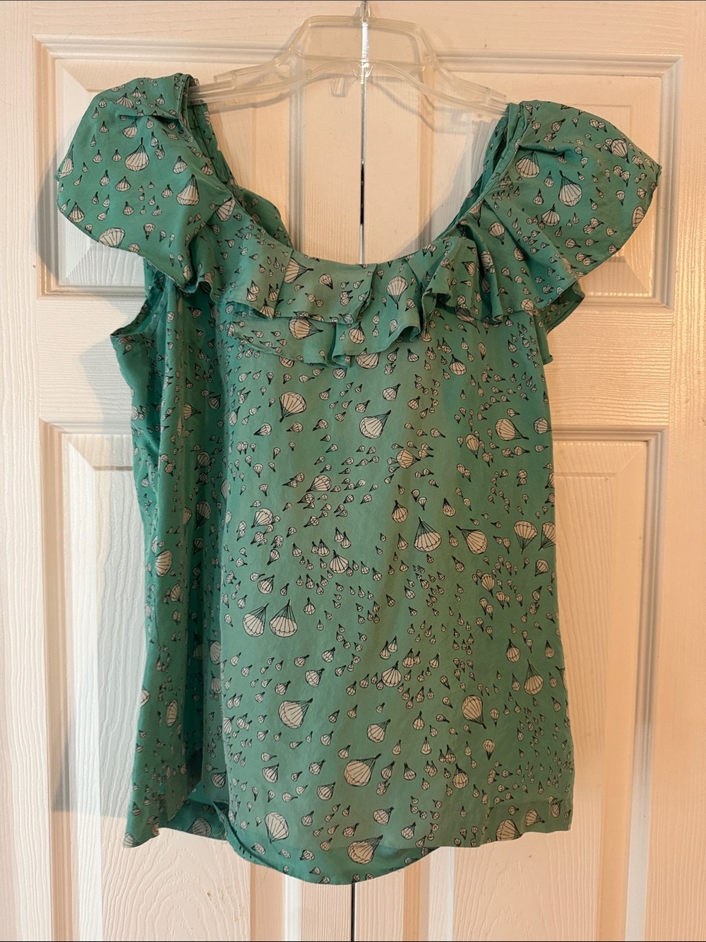 Anthropologie Mint Green Ruffle-Trim Shell Print Blouse